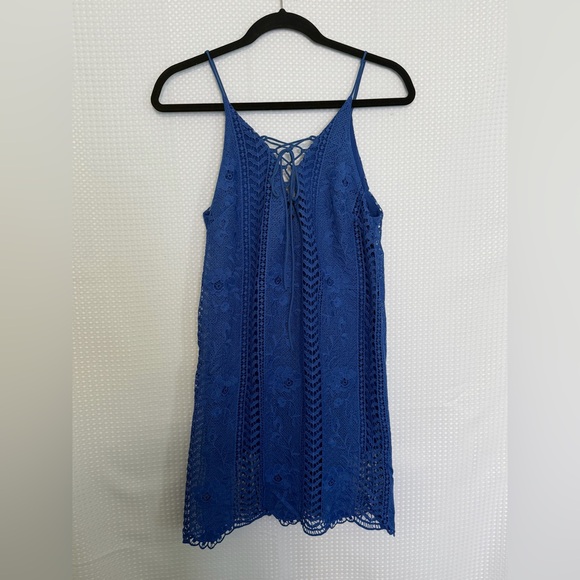 ASTR Blue Lace Up Crochet Slip Dress Spaghetti Straps Boho Festival Size S - Picture 6 of 9